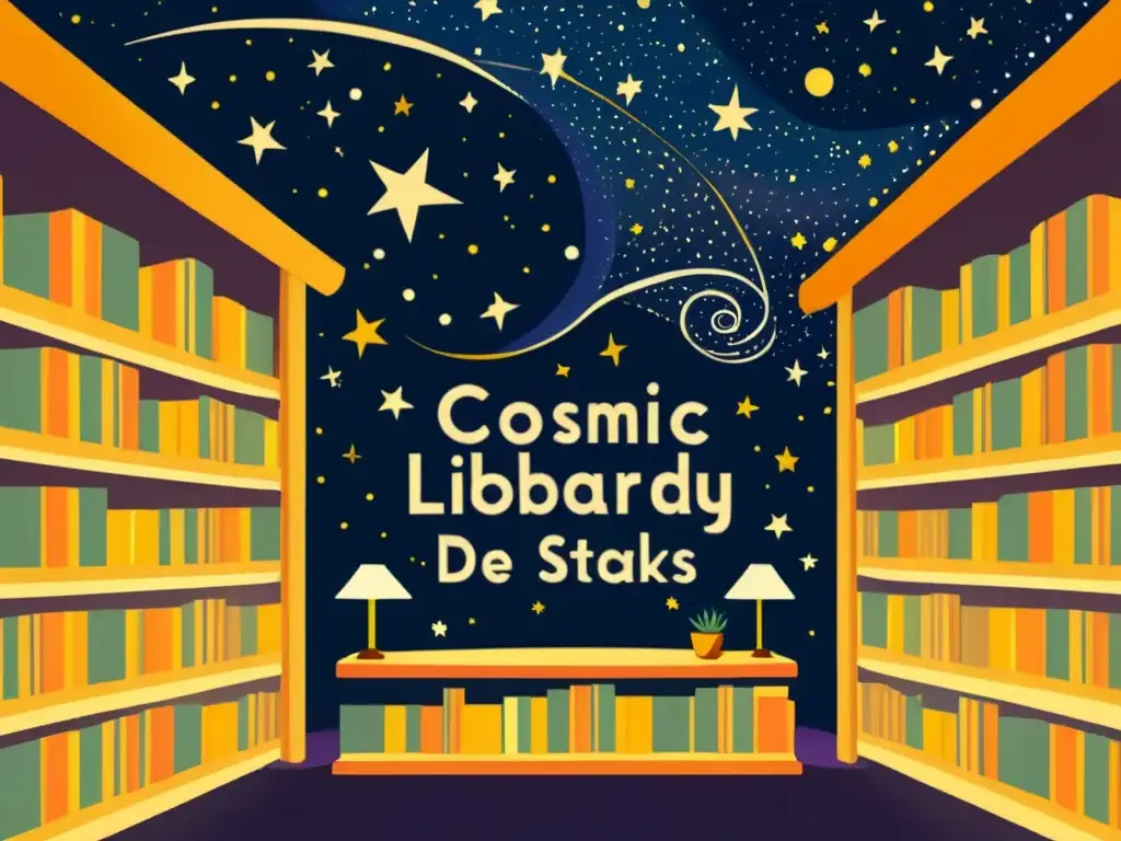 Una biblioteca cósmica vintage con estanterías altas se adentra en un cielo estrellado