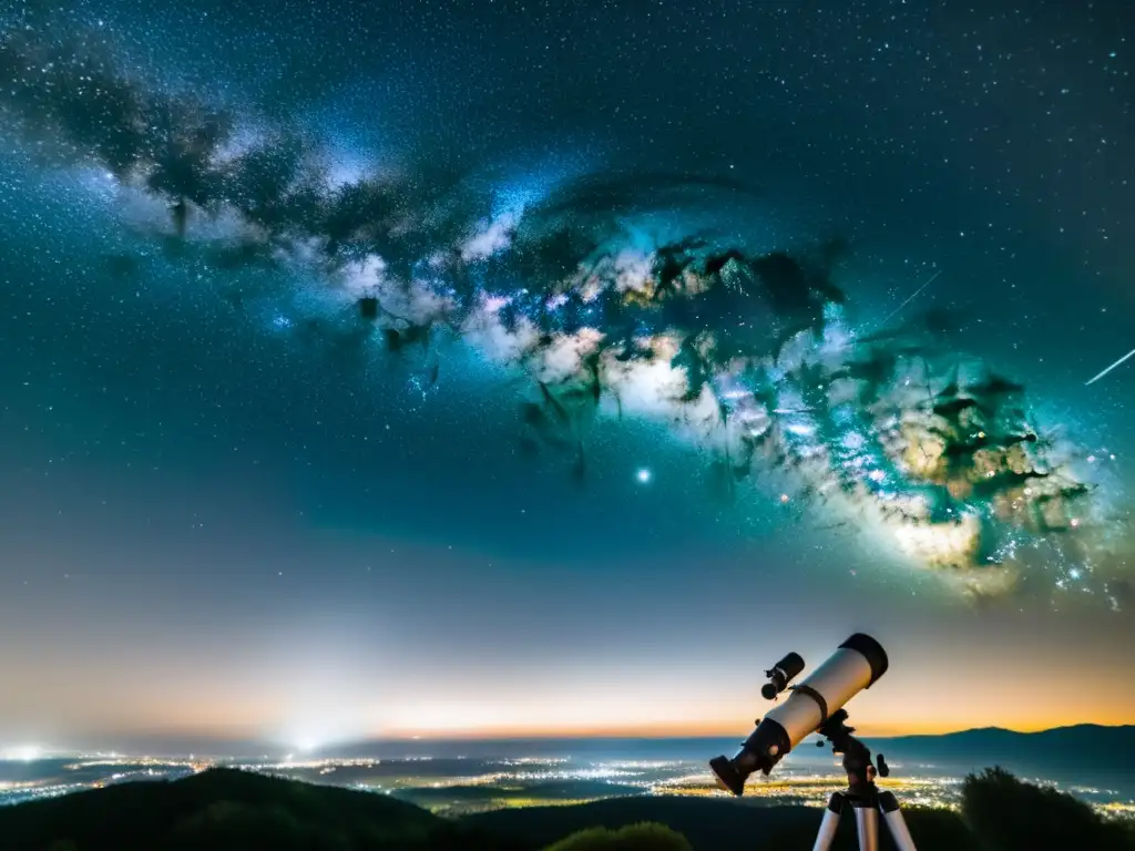 Una fotografía vintage en blanco y negro de un cielo estrellado con un telescopio en primer plano y una tenue luz de la ciudad al fondo