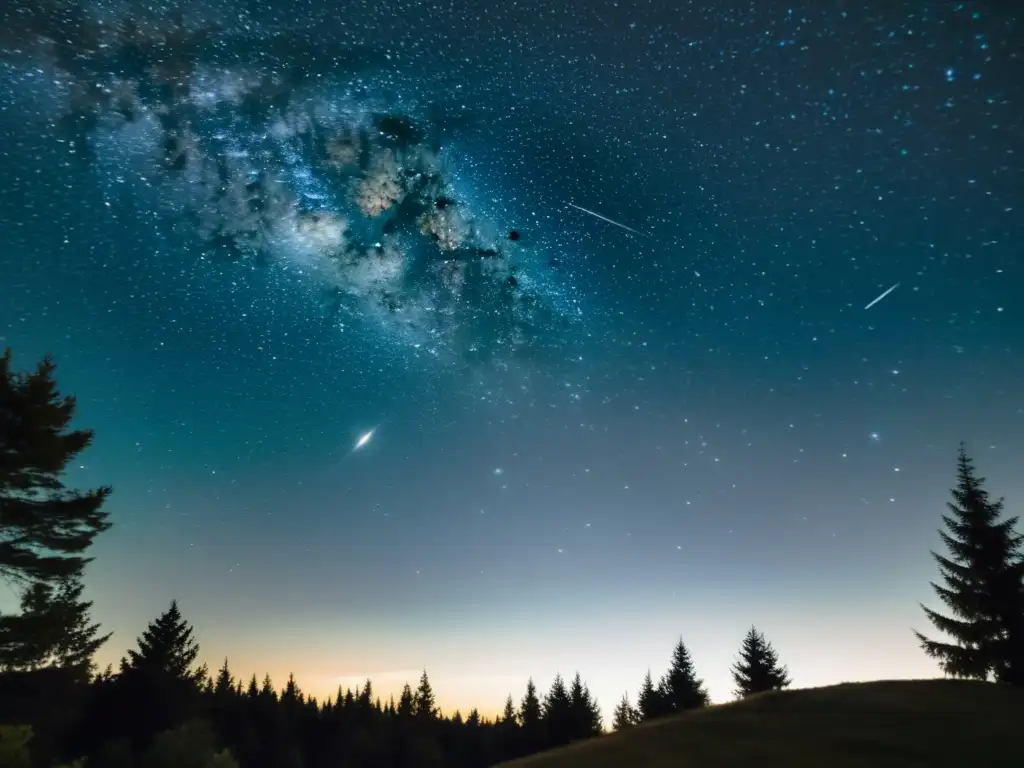 Una fotografía en blanco y negro muestra un cielo estrellado con un telescopio en primer plano y la tenue silueta de una constelación