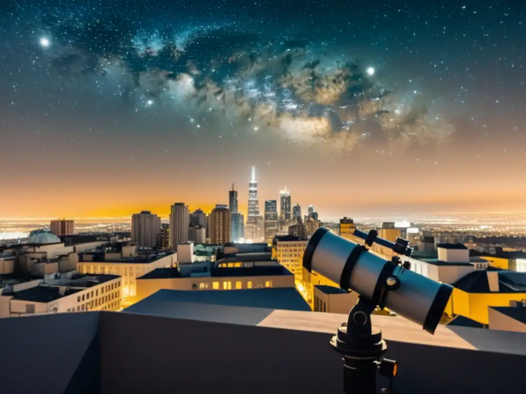 Una fotografía en blanco y negro de un horizonte urbano nocturno con luces brillantes que ocultan las estrellas en el cielo