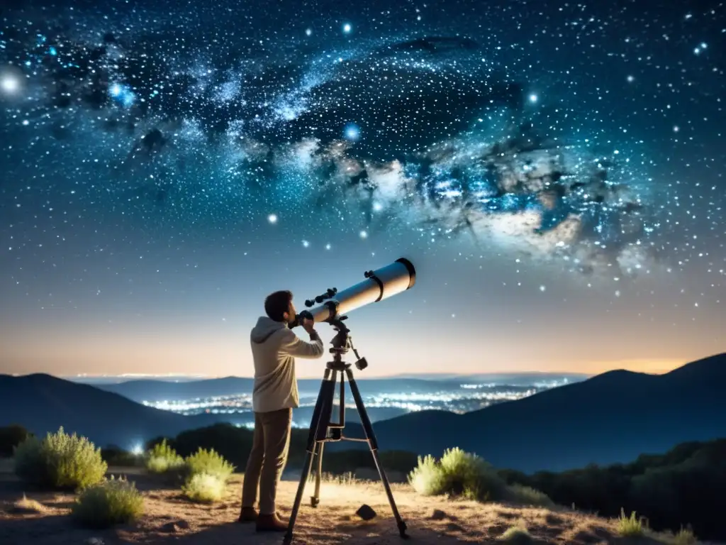 Un ilustración en blanco y negro muestra a una persona ajustando las lentes de un telescopio bajo un cielo estrellado con constelaciones detalladas