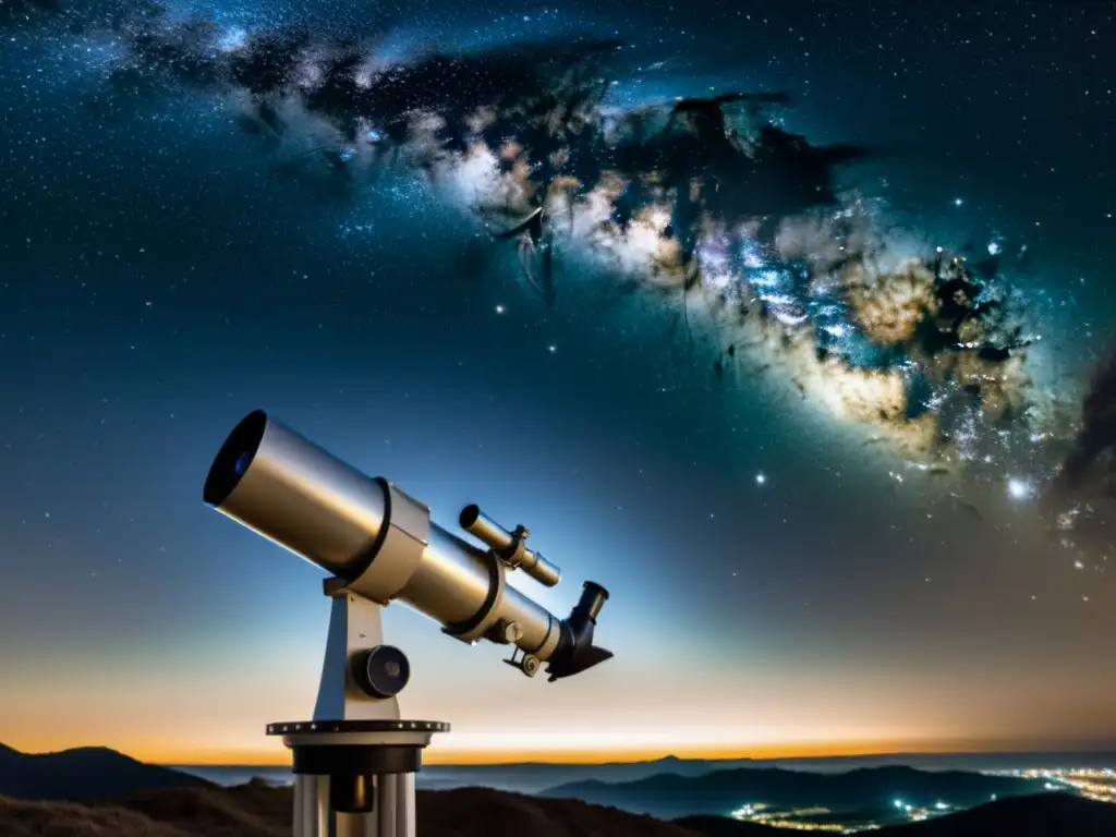 Una fotografía en blanco y negro de un telescopio apuntando hacia un cielo nocturno claro, con estrellas brillantes