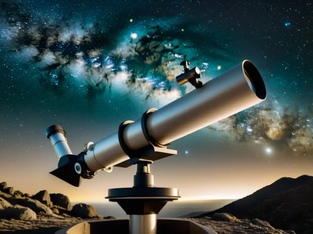 Telescopio vintage apuntando a la galaxia Una fotografía vintage en blanco y negro de un telescopio apuntando hacia el cielo nocturno, con una galaxia y estrellas