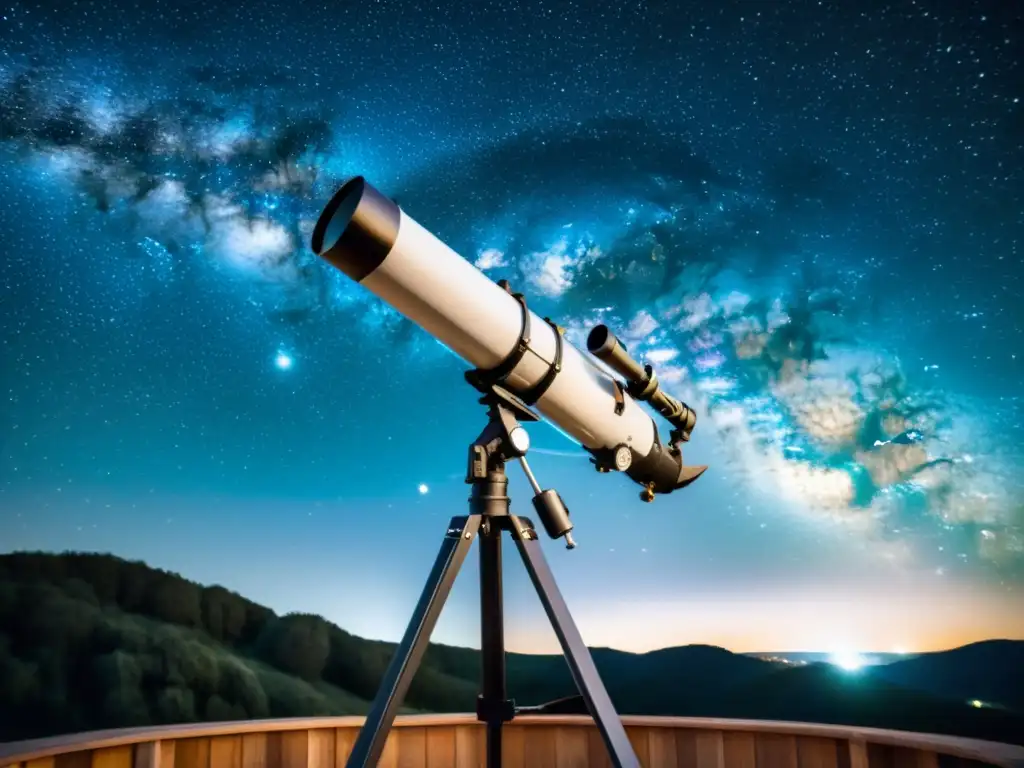 Una fotografía en blanco y negro de un telescopio en un muelle de madera, con una noche estrellada de fondo y la Vía Láctea claramente visible