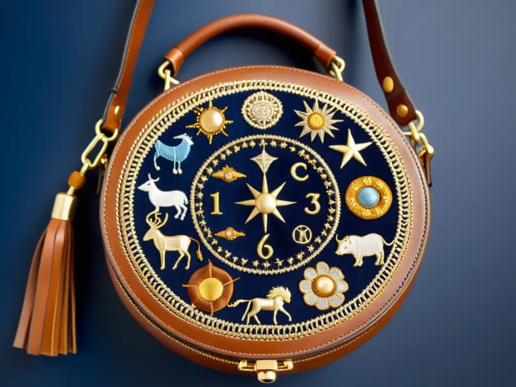 Un bolso de cuero con los signos zodiacales bordados en un diseño celestial sobre un fondo de pergamino antiguo