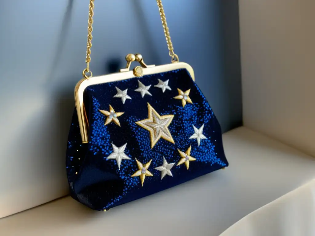 Bolso estelar bordado vintage con signos zodiacales en hilo dorado y plateado sobre fondo azul marino, adornado con lentejuelas brillantes y detalles celestiales en la cadena