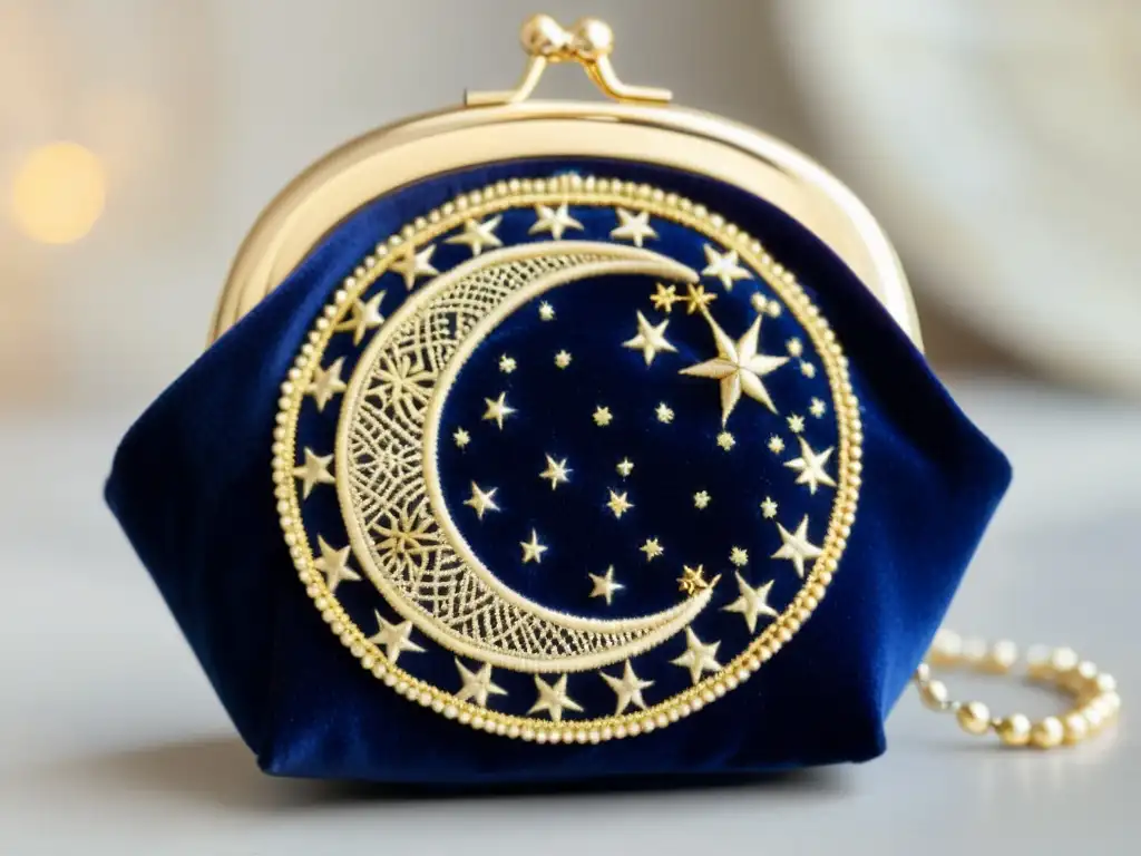 Un bolso de monedas vintage bordado con motivos celestiales, asociado a la mitología de constelaciones, en terciopelo azul y detalles de opalos