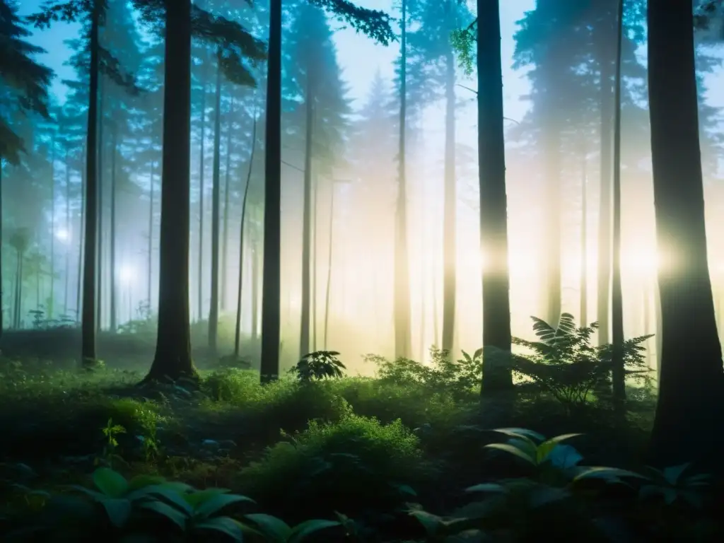 Un bosque sereno iluminado por la luz de la luna, con siluetas de plantas y animales