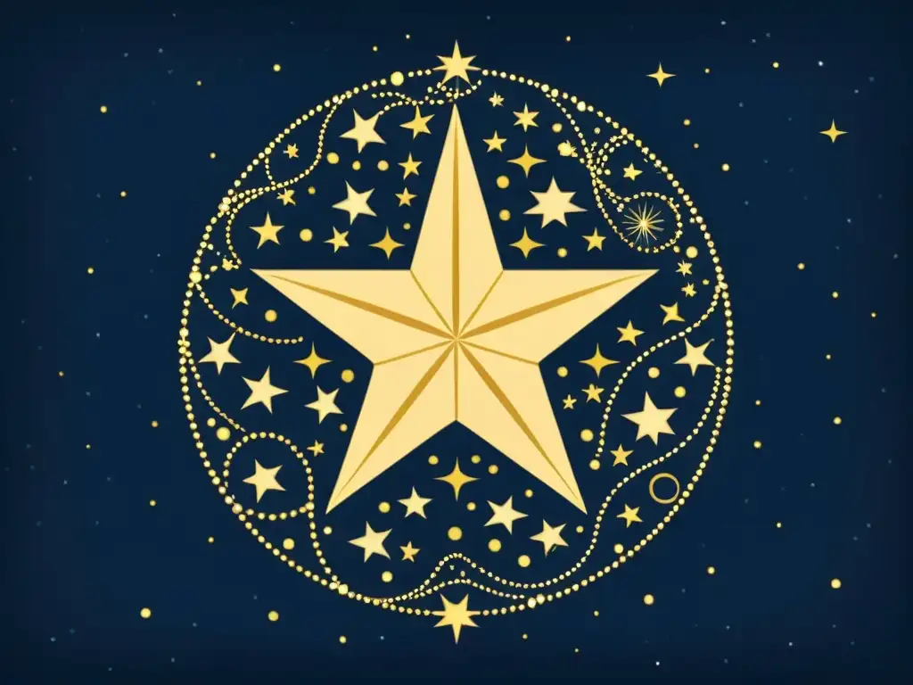 Ilustración vintage de la constelación Vela, con la brillante estrella Suhail en el centro, resaltada en oro y azul marino