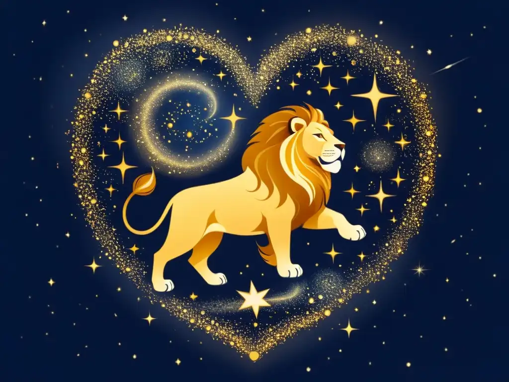 Una ilustración vintage de la constelación Leo, con la brillante estrella Regulus en su corazón, rodeada de un cosmos vibrante y el majestuoso león