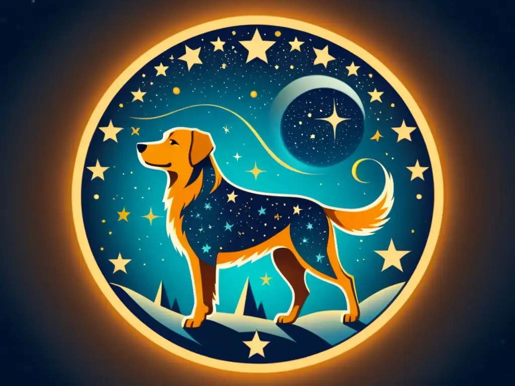 Ilustración vintage de la constelación Canis Major, con el brillante Sirius en primer plano y el contorno del gran perro formado por estrellas