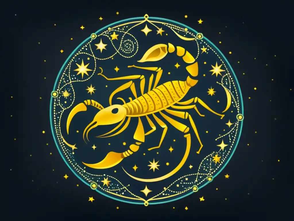 Brillo de las estrellas de Scorpius en una ilustración vintage con detalles dorados, evocando la mitología y la belleza celestial