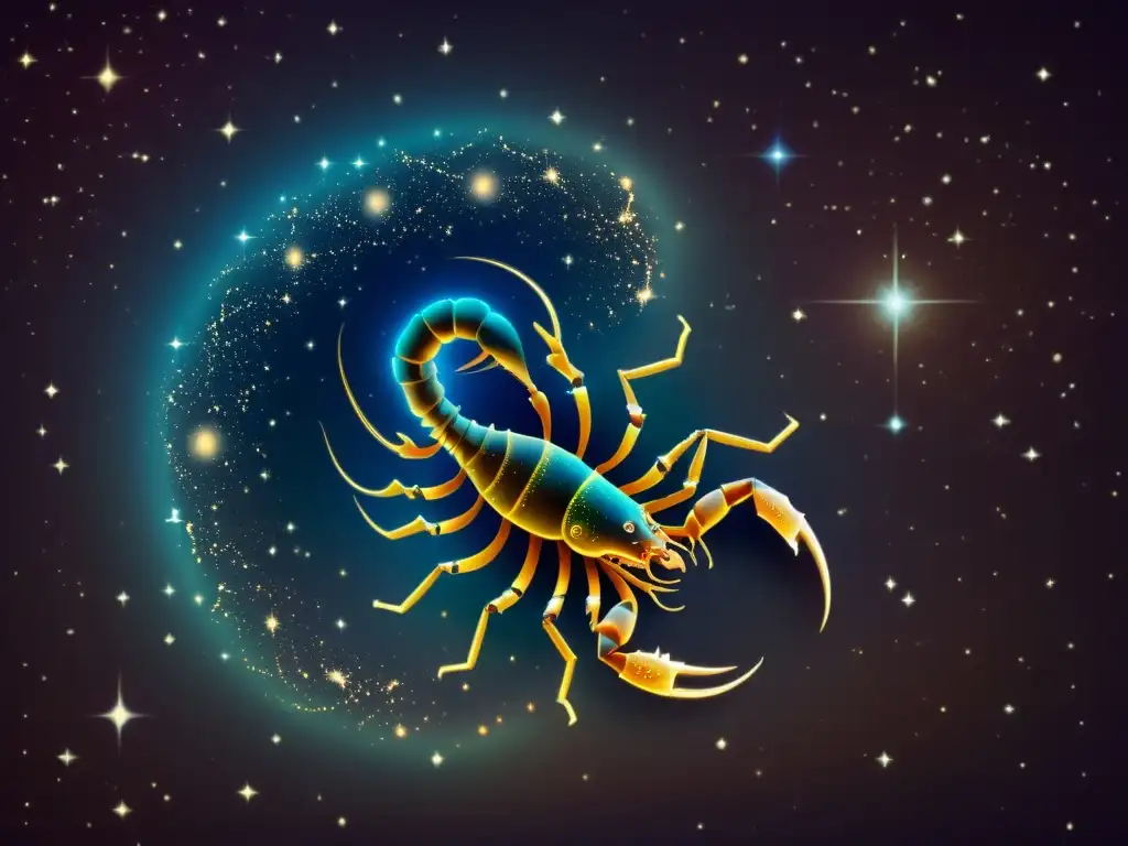 Brillo de Scorpius estrellas mitología: Intrincado Scorpius en estilo vintage, con colores intensos y misterio celestial