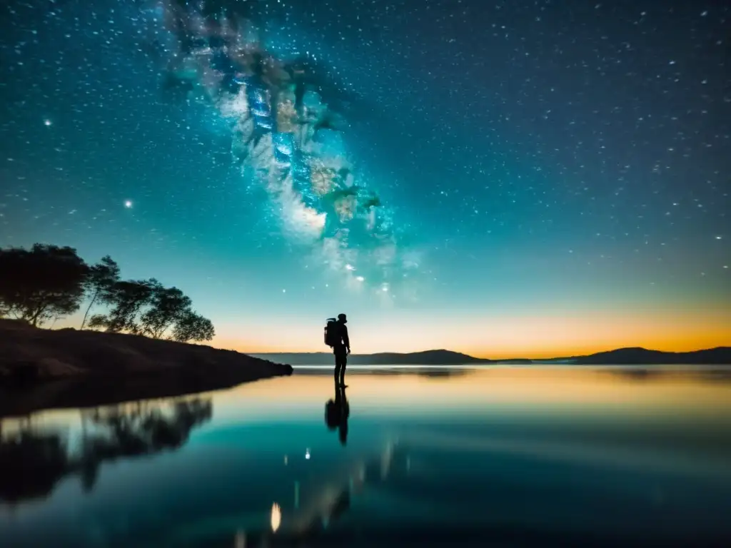 Un buceador contempla estrellas reflejadas en el agua, creando un ambiente de serenidad y asombro en esta astrofotografía submarina