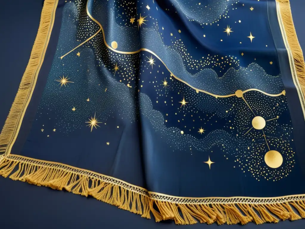 Bufanda de seda vintage con mapa celestial, constelaciones brillantes y un cometa en el cielo nocturno, en tonos azul, negro y dorado