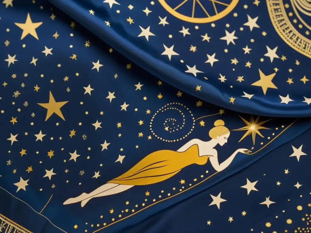 Bufanda vintage con motivos celestiales: constelaciones, estrellas y figuras mitológicas en azul profundo y dorado, evocando la magia del cielo nocturno