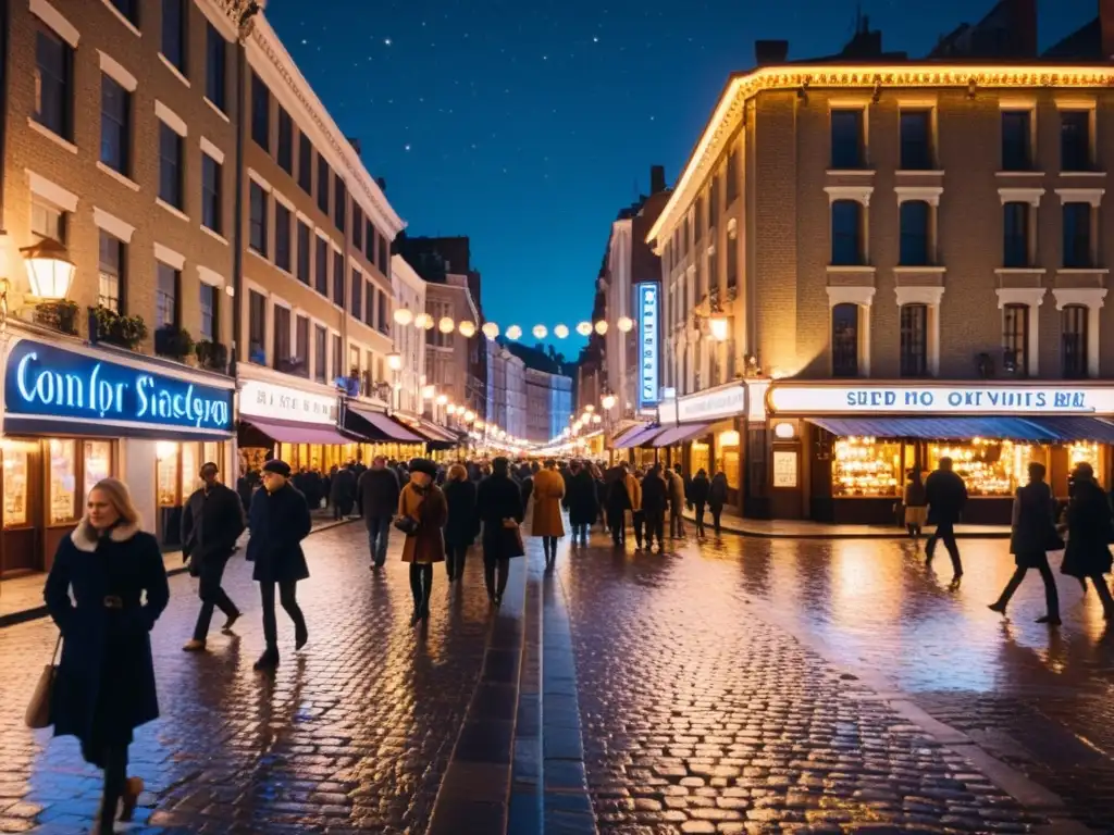 Una bulliciosa calle nocturna de la ciudad, iluminada por cálidas luces de la calle y letreros de neón