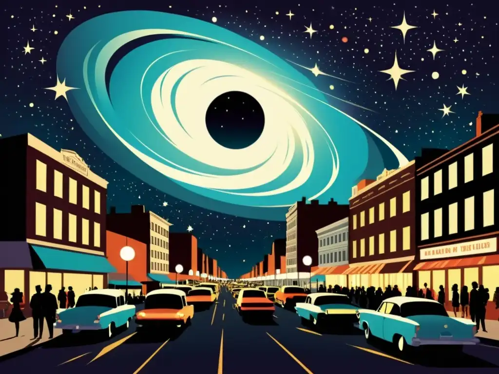 La ciudad antigua y el misterioso agujero negro Una ilustración vintage de una bulliciosa calle nocturna con un imponente agujero negro en el cielo, rodeado de estrellas y nebulosas