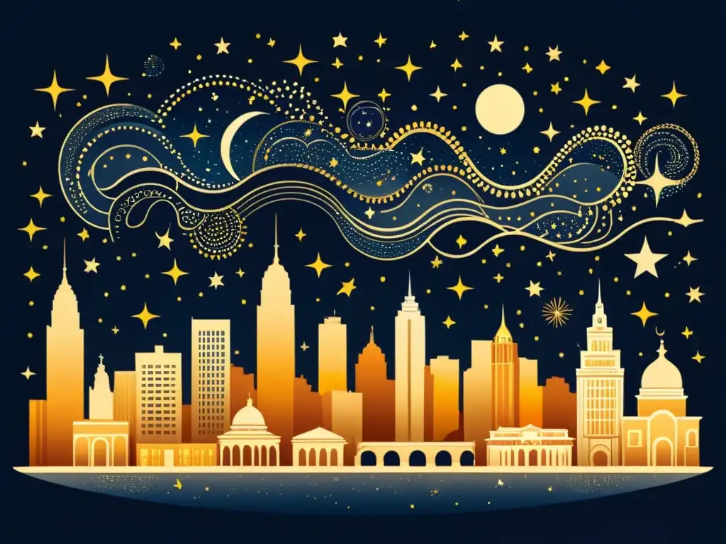 Una ilustración vintage de una bulliciosa ciudad bajo un cielo estrellado, con signos zodiacales integrados sutilmente