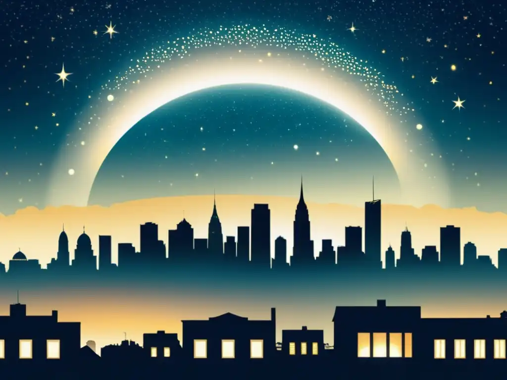 Una ilustración vintage de la bulliciosa ciudad de noche, con luces artificiales creando un halo de contaminación lumínica alrededor de los edificios