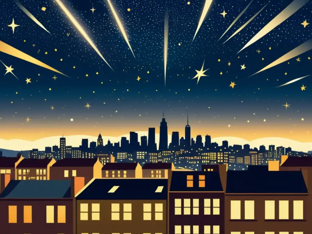 Una ilustración vintage de una bulliciosa ciudad de noche, con luces que parecen estrellas fugaces en el cielo