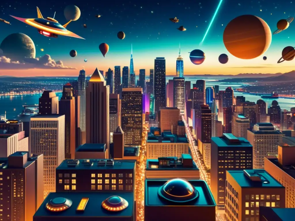 Una ilustración vintage de una bulliciosa ciudad de noche, con naves espaciales futuristas surcando el cielo y luces coloridas iluminando las calles