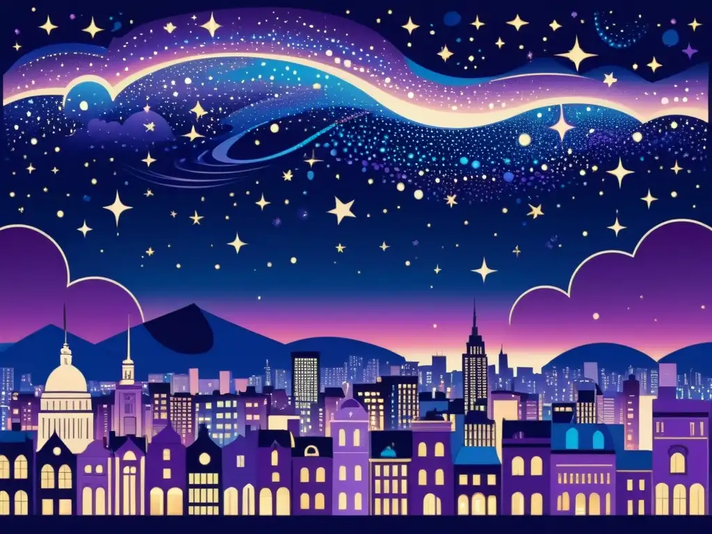 Una ilustración vintage de una bulliciosa ciudad nocturna, con un cielo estrellado y constelaciones brillantes