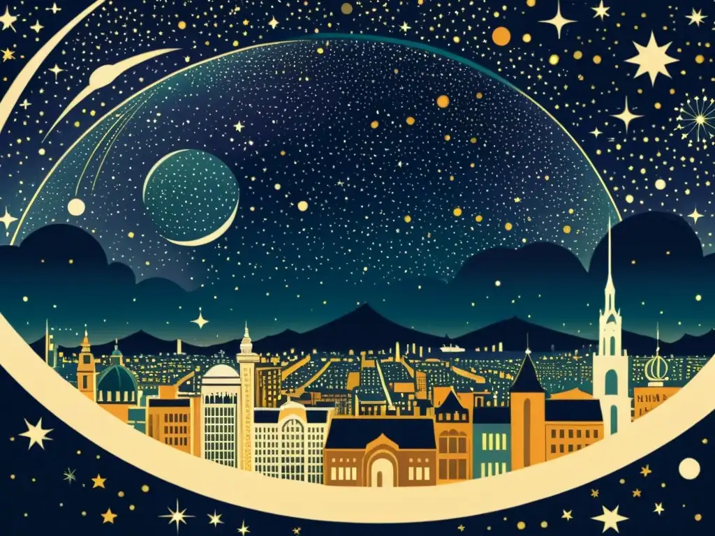 Una ilustración vintage de una bulliciosa ciudad nocturna con una esfera celeste detallada en el cielo