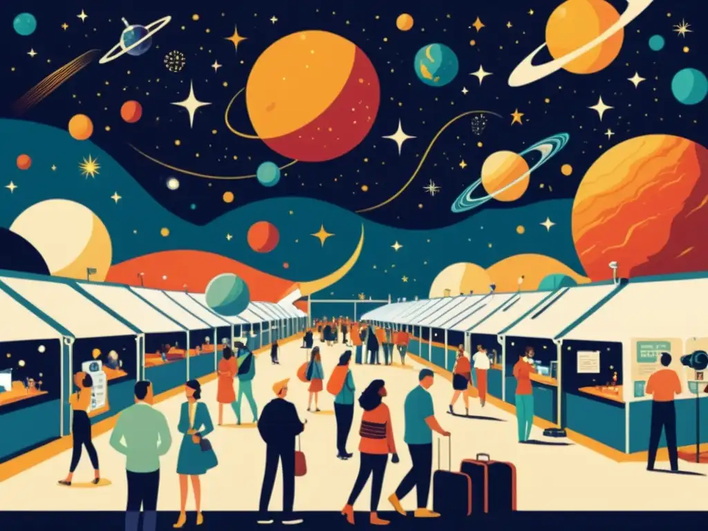 Una ilustración vintage de una bulliciosa feria de astronomía con detallados puestos mostrando telescopios, arte espacial y exhibiciones interactivas