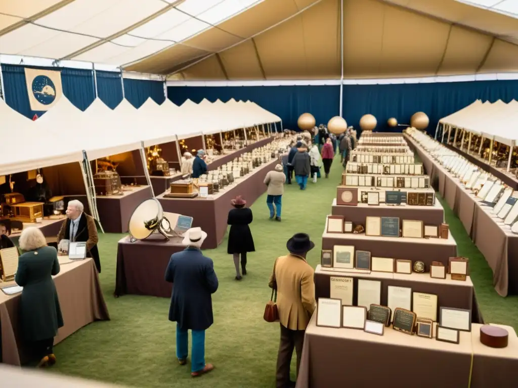 Un bullicioso evento de feria de astronomía vintage, con gente explorando oportunidades educativas y profesionales