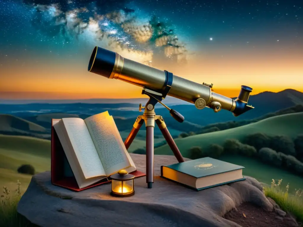 Búsqueda de cielos prístinos para astronomía: Telescopio vintage sobre colina, libros antiguos y noche estrellada