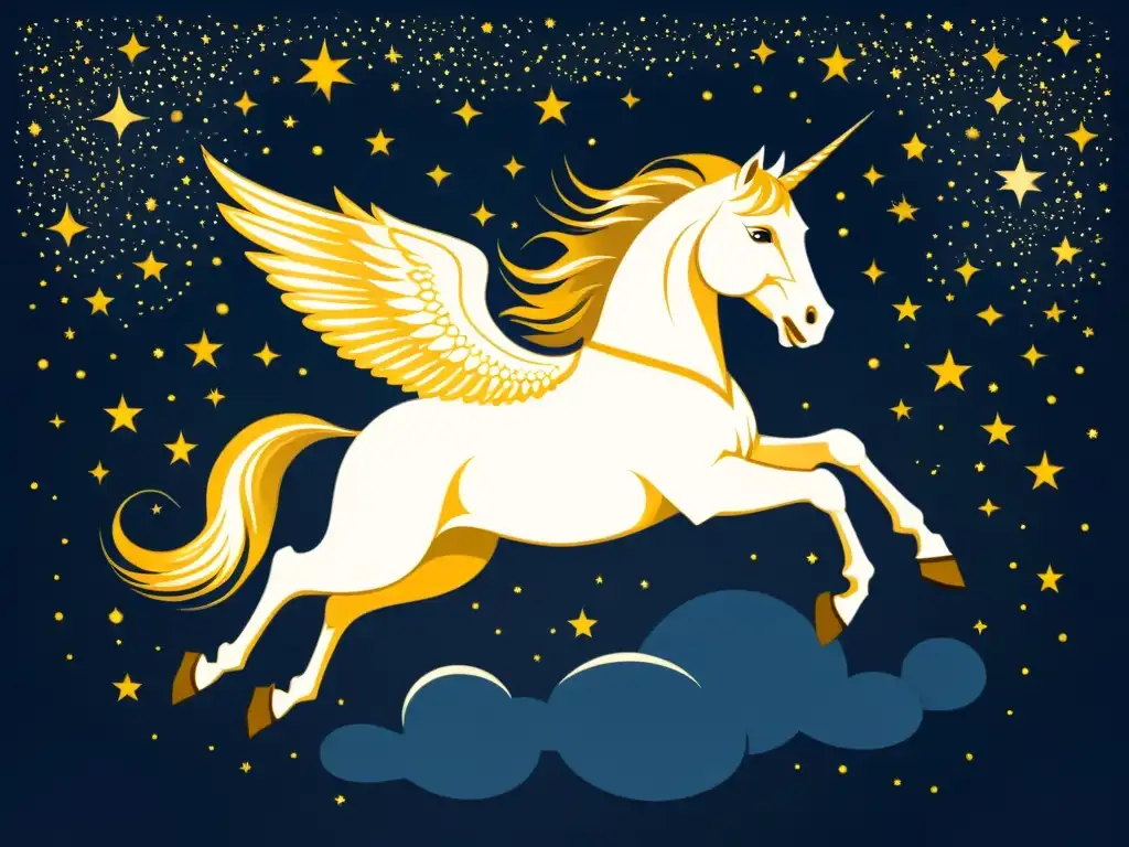 Ilustración vintage de Pegaso, el caballo alado de la mitología griega, surcando el cielo nocturno entre estrellas brillantes, evocando gracia y poder