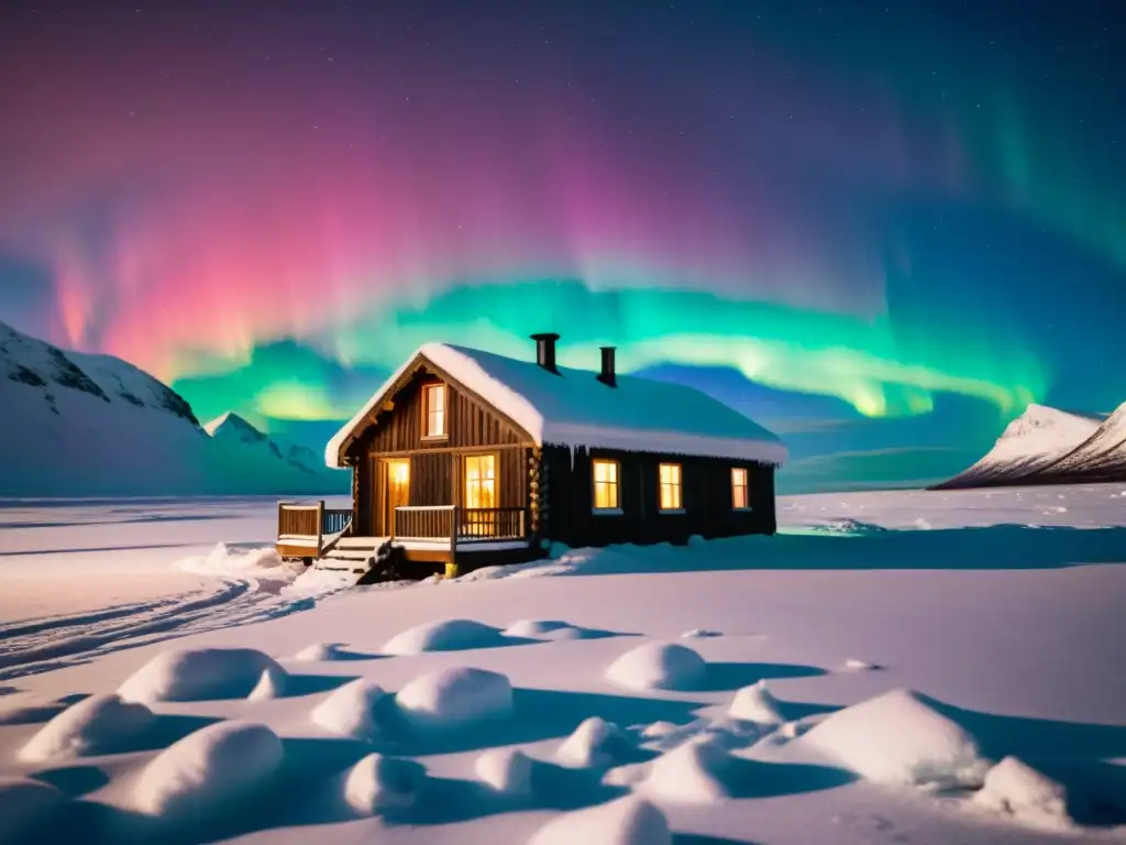 Una cabaña de madera emite una cálida luz en un paisaje ártico nevado al atardecer, con una etérea aurora boreal danzando en el cielo oscuro