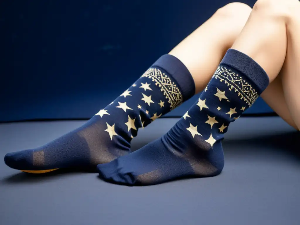 Calcetines de lana vintage con patrón de mapa celestial, la Osa Mayor y estrellas brillantes en un fondo azul marino