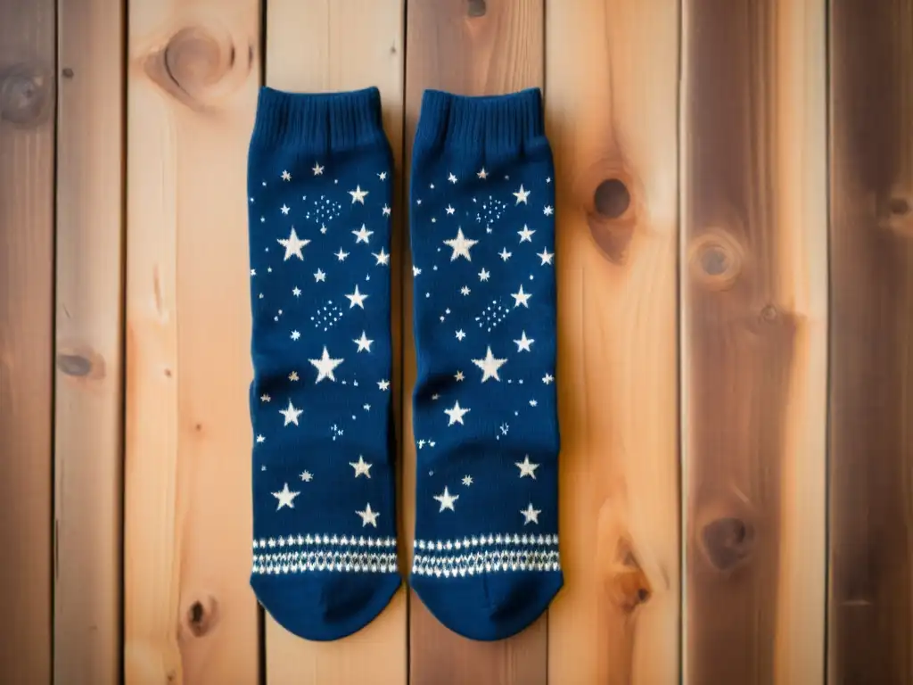 Calcetines de punto vintage con estampado celestial de la Osa Mayor, sobre fondo rústico iluminado, evocando calidez y confort estelar