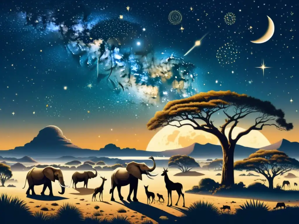 Calendario celestial estrellas festividades África: Ilustración detallada de la noche africana con constelaciones y fauna bajo la luz de la luna y la Vía Láctea