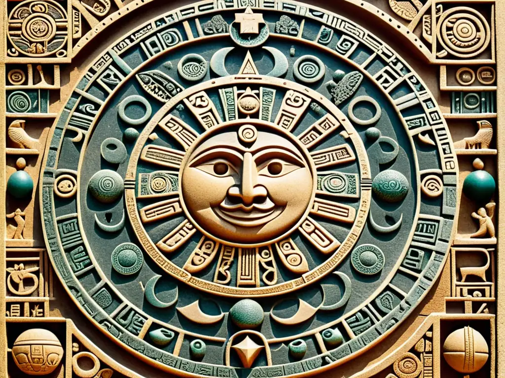 Calendario cósmico de las culturas estelares indígenas, tallado en piedra con símbolos mayas y patrones celestiales