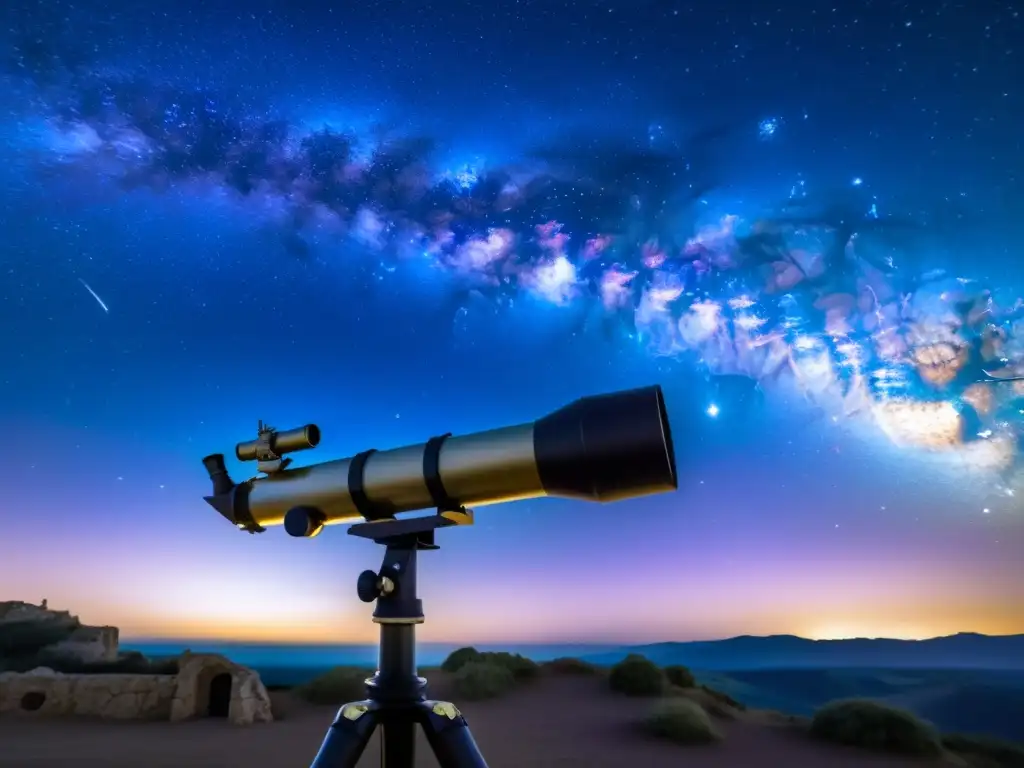 Calendario de eventos celestes fotografía: Noche estrellada con la Vía Láctea sobre ruinas antiguas, evocando la belleza del cosmos