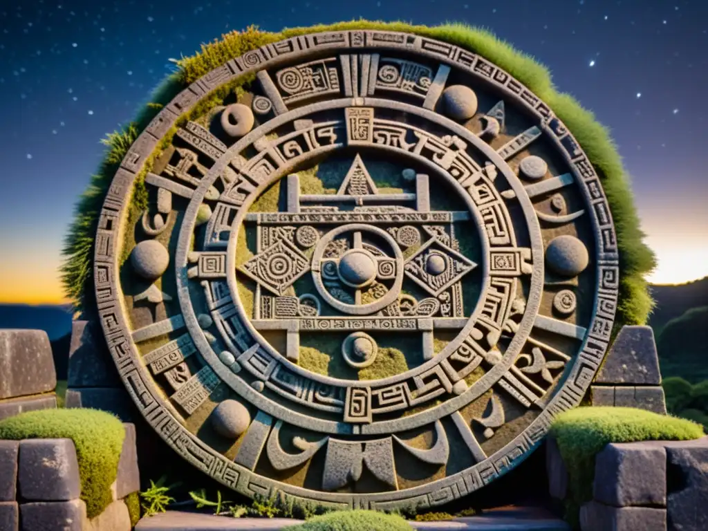 Calendario maya de piedra con glifos, iluminado por la luna y estrellas