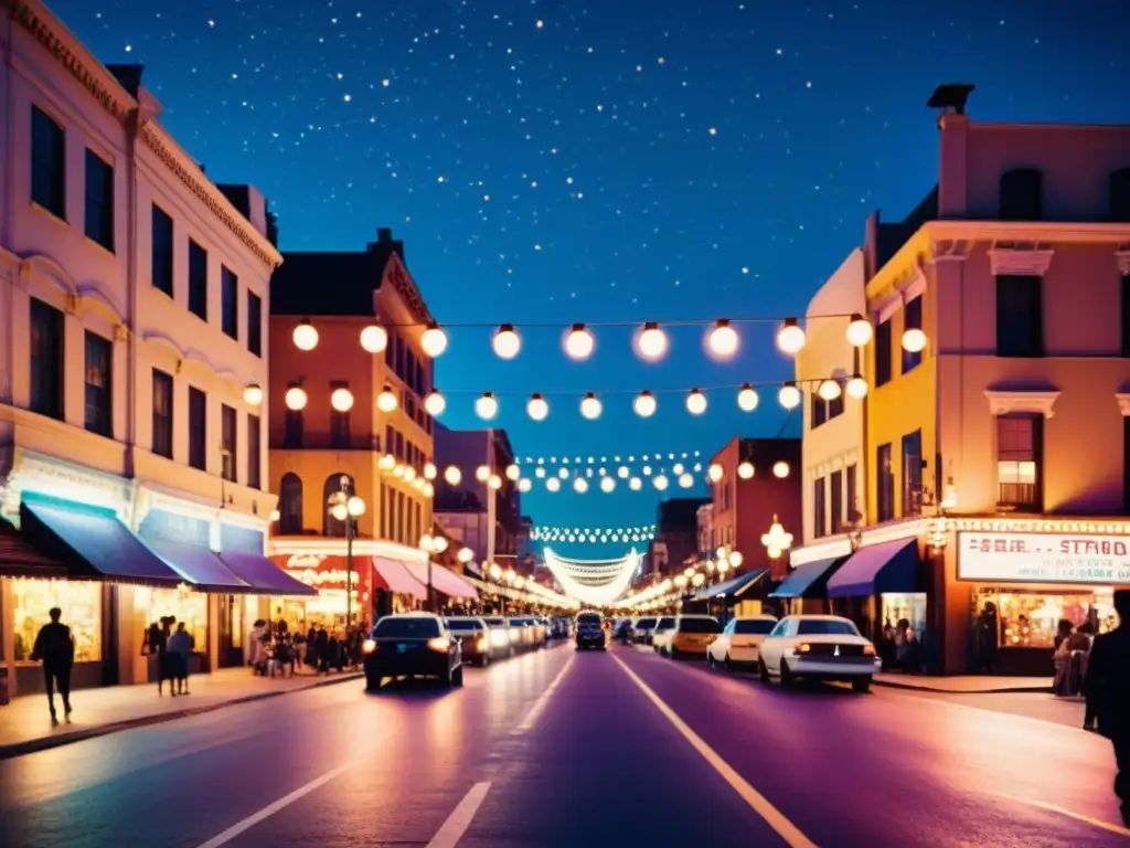 Una calle de la ciudad vintage iluminada por luces cálidas y letreros de neón