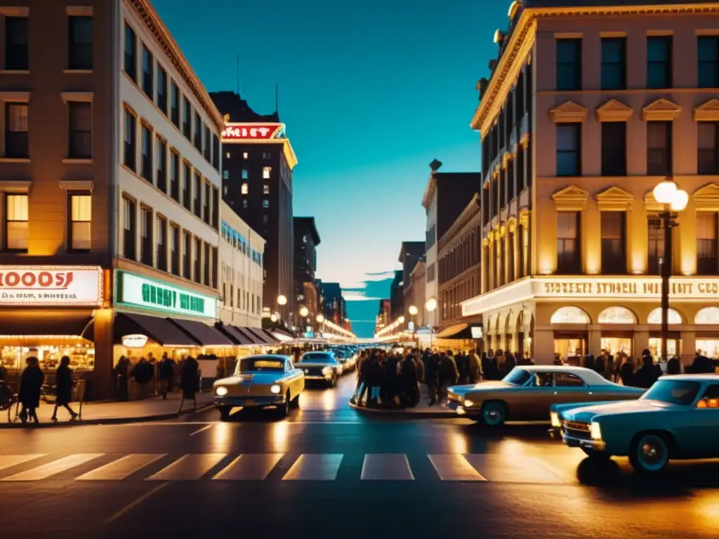 Una calle nocturna de ciudad vintage con luces cálidas y energía urbana atemporal