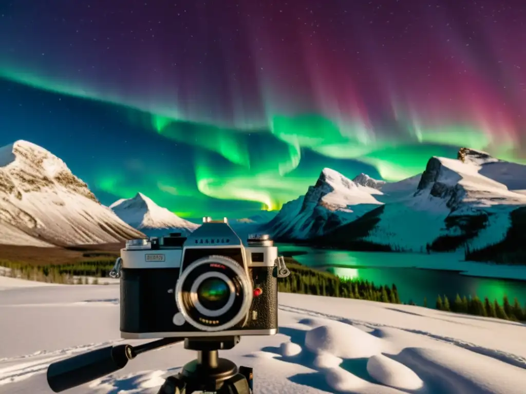 Una cámara vintage captura la aurora boreal en una noche nevada en las montañas