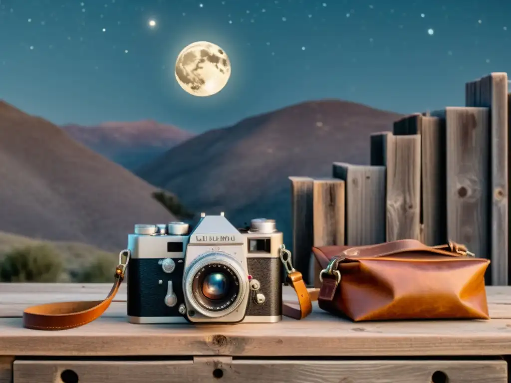 Una cámara vintage bajo la luna llena, rodeada de equipo fotográfico antiguo