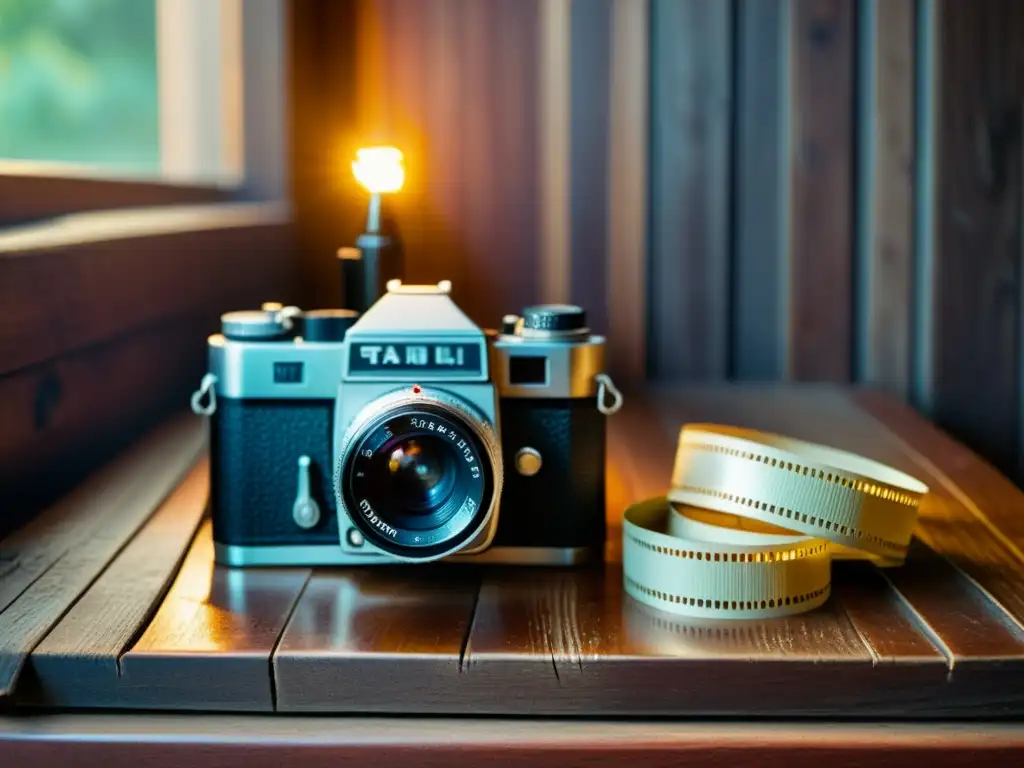 Una cámara de película vintage descansando sobre una superficie de madera envejecida, rodeada de rollos de película, con una suave luz cálida iluminando la escena, capturando la esencia atemporal de la fotografía analógica: capturando el cielo con equipo básico