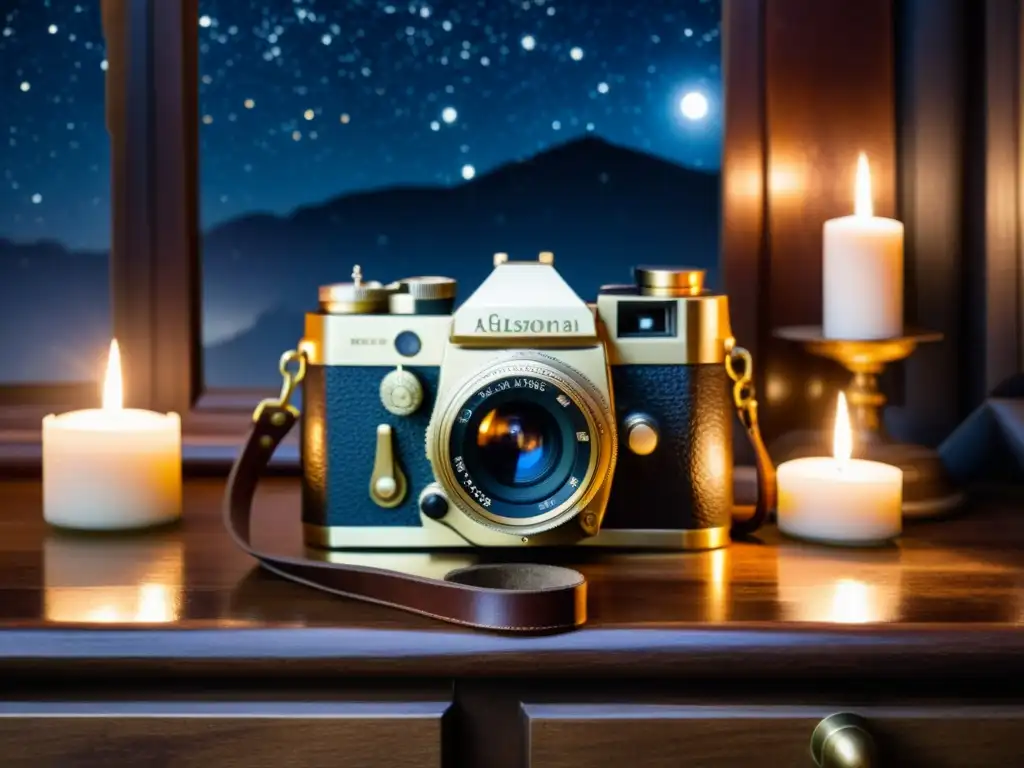 Una cámara vintage y un telescopio antiguo en una mesa de madera, rodeados de velas, capturando la belleza cruda de un cielo estrellado