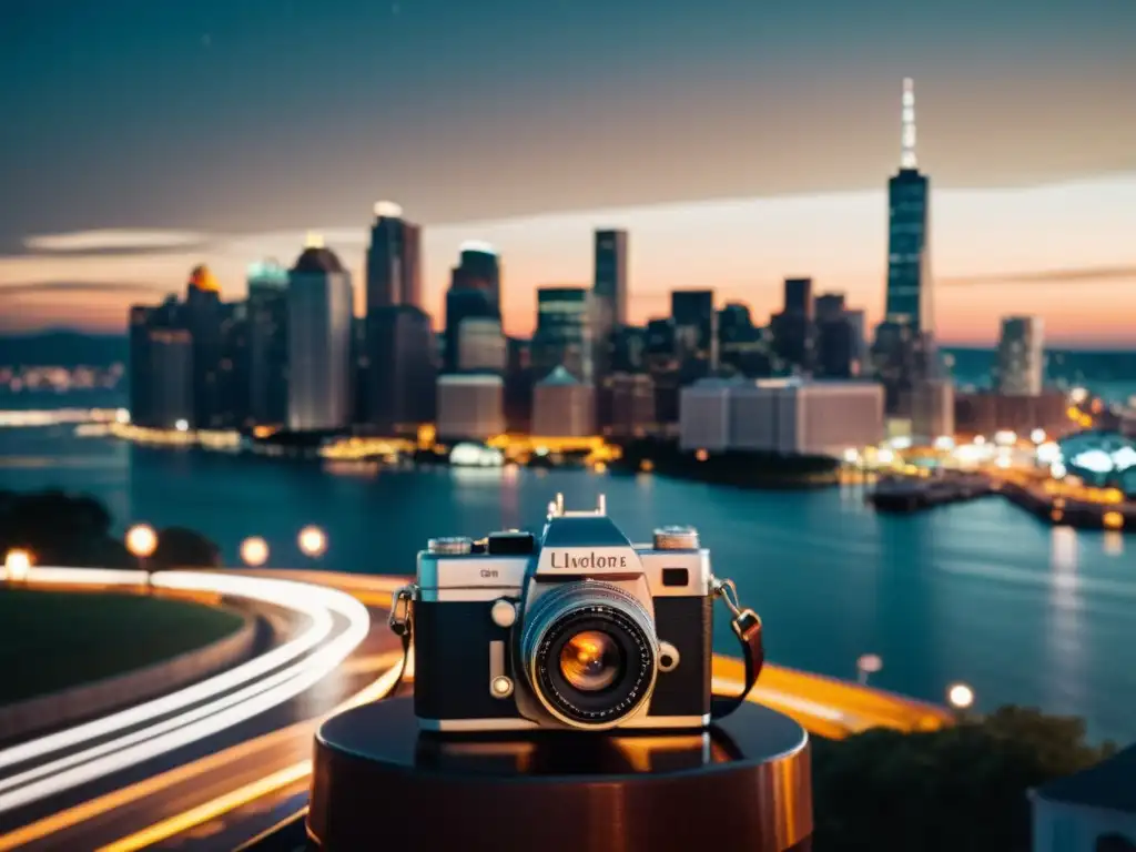 Una cámara vintage captura la belleza de la fotografía nocturna, con sensibilidad ISO, ruido y luz de la ciudad reflejada en el agua