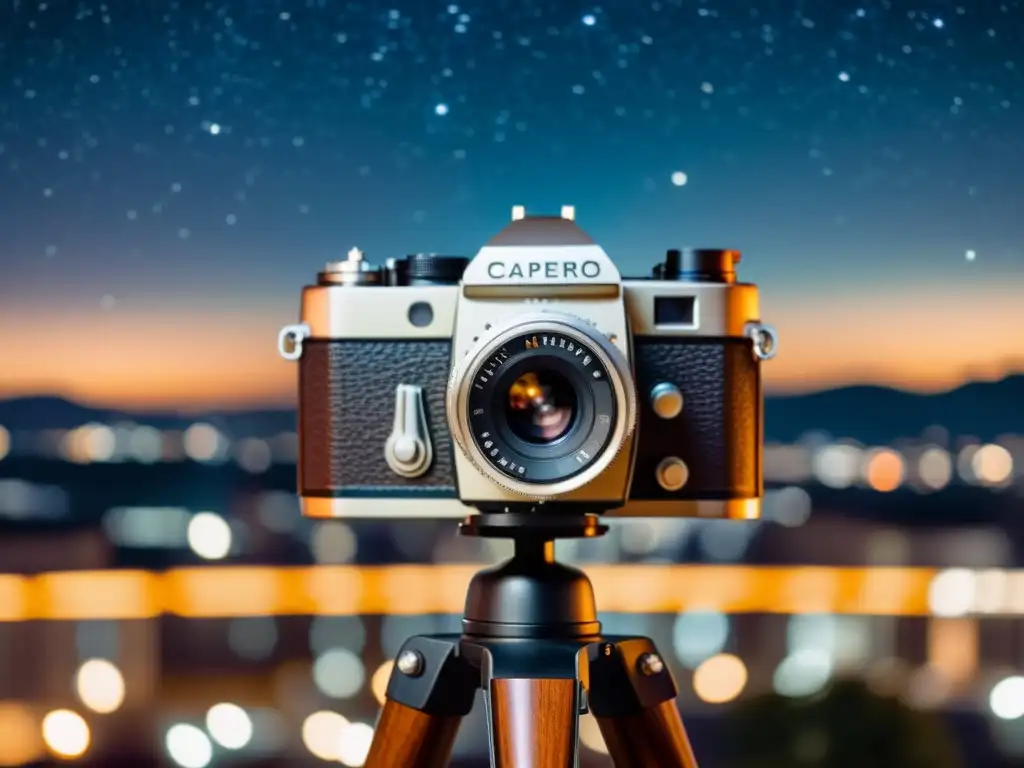 Una cámara vintage capturando el cielo nocturno urbano, técnica de astrofotografía