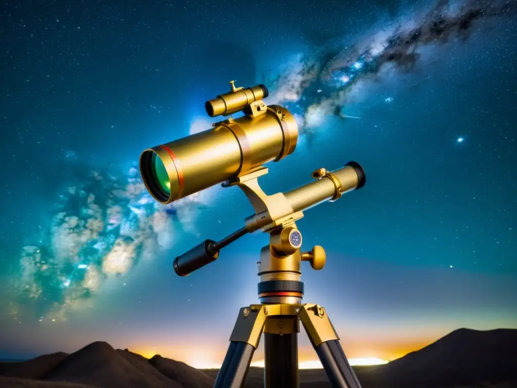 Una cámara vintage junto a un telescopio apuntando a nebulosas, bajo un cielo estrellado con la Vía Láctea