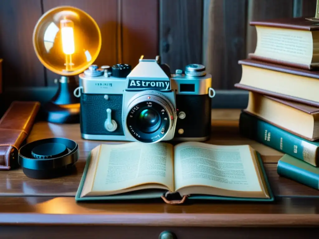 Una cámara vintage descansa sobre una mesa de madera envejecida rodeada de libros de astronomía y una lámpara suave