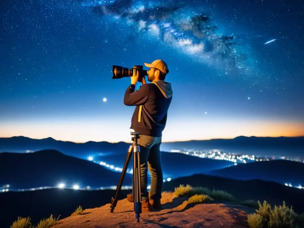 Una cámara vintage con objetivo telefoto enfocada al cielo nocturno, capturando las centelleantes constelaciones sobre un fondo índigo